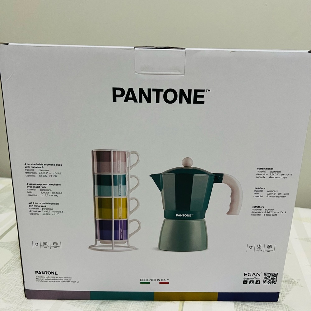 Pantone Italian Moka Pot Espresso Coffee Maker 4 Stackable Mugs Rack Set Teal - Picture 2 of 2
